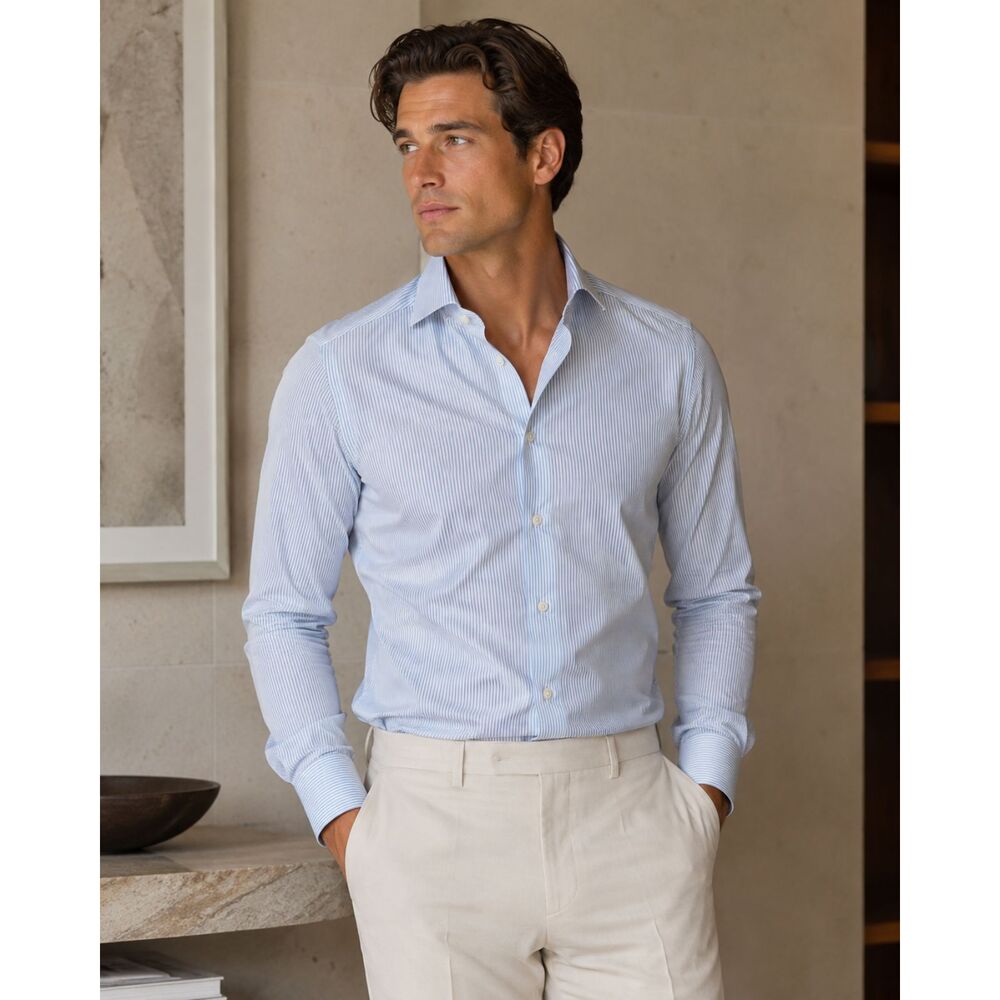 Suitsupply Blue Stripe Button Up Long Sleeve Shirt Top   Mens Size 15 / 38
